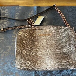 Michael Kors Oyster “snake print” Camera Bag with rose gold metal highlights